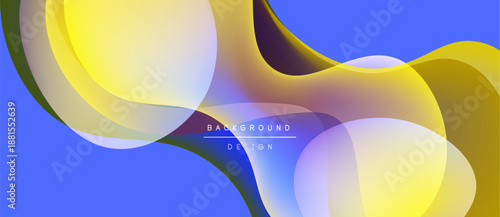 Abstract flowing shapes, vibrant colors, blue background. Modern design elements create dynamic visual experience. Smooth gradients present depth.