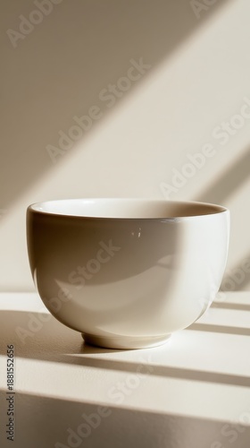 Minimalist white ceramic bowl in soft natural light with shadow play