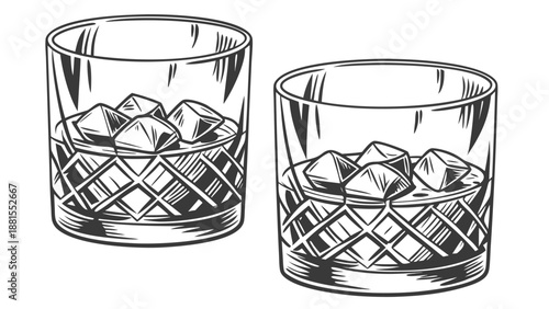 two glasses with ice cubes in a vintage line art silhouette high quality professional detailed modern