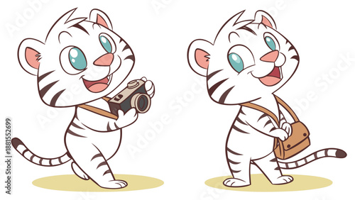 two cartoon white tigers with brown stripes holding camera and bag silhouette high quality professional detailed