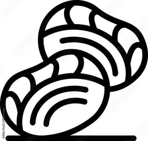 Simple black and white vector icon of two opened mussels lying on a surface