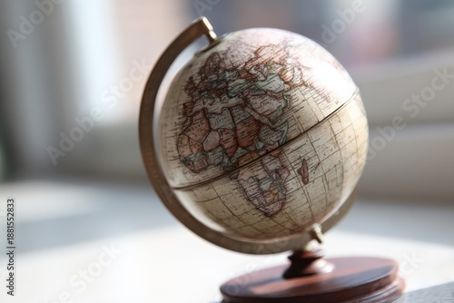 Vintage globe on stand with detailed maps in natural lighting