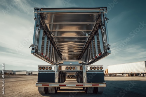 Industrial trailer with open dump bed under clear sky for transportation and logistics