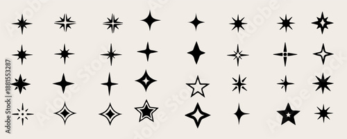 Star sparkle icon set collection with various abstract starburst shapes in black silhouette style, modern minimal vector symbols for decoration, logo design, UI elements, magical effects, branding