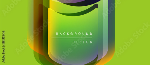 Abstract design features layered shapes, vibrant green backdrop. Text reads background design within central form. Modern, dynamic composition.