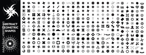 Abstract geometric shapes. Brutal contemporary figure star arrow spiral flower and other primitive logo. Graphic design elements set. Bauhaus memphis aesthetic. big set Design.