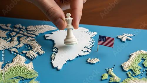 Greenland as a strategic chessboard: hand placing a chess piece with an American flag, symbolizing geopolitical moves and international influence