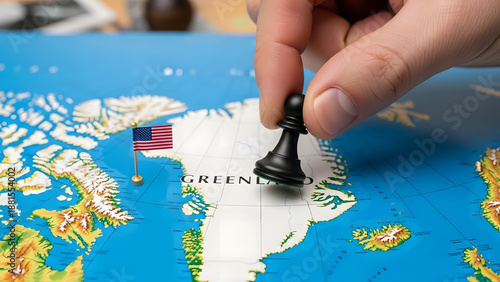 Greenland as a strategic chessboard: hand placing a chess piece with an American flag, symbolizing geopolitical moves and international influence