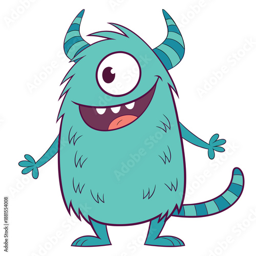 A charming turquoise monster character with a single eye horns and a playful grin silhouette
