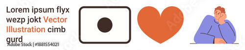 Graphic design, communication, emotions, creativity, human behavior, relationships. Features text, an abstract black dot in a box a bold orange heart and a pensive human figure. Communication