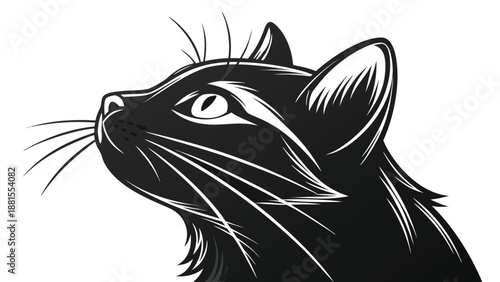 A striking black cat head illustration with detailed features presented in an elegant artistic silhouette