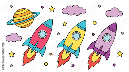 Colorful rockets soar past a ringed planet and whimsical clouds in a charming illustration silhouette