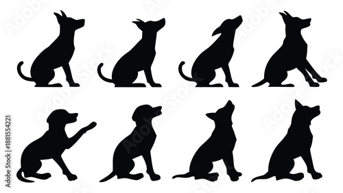 A collection of canine figures in various poses displayed as dark shapes a striking silhouette