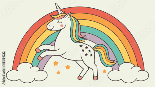 a white unicorn with a rainbow mane standing in front of a colorful rainbow silhouette