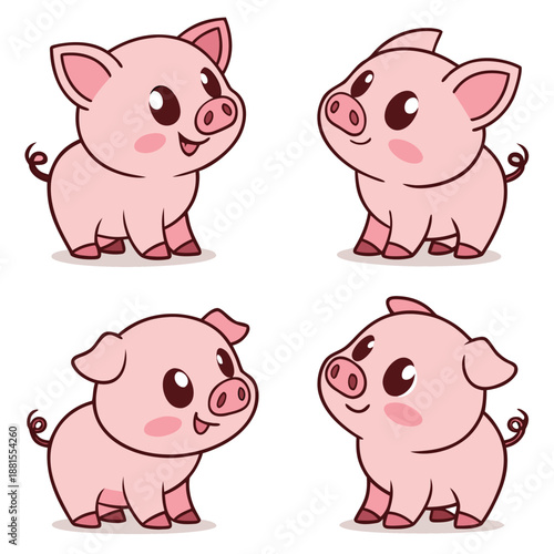 Four adorable pink cartoon pigs with cheerful expressions and detailed features presented in a playful silhouette