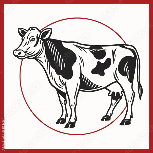A striking illustration of a black and white cow within a red circular frame a captivating silhouette
