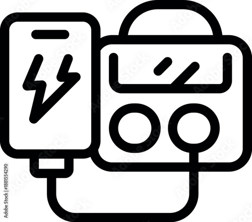 Power bank charging smartphone with lightning bolt symbol, portable charger providing power to mobile phone