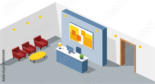 Modern Office Reception Desk with Seating Area.