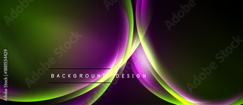 Abstract background features flowing curves, vibrant green, purple hues. Modern design with dynamic light effects creates visual interest.