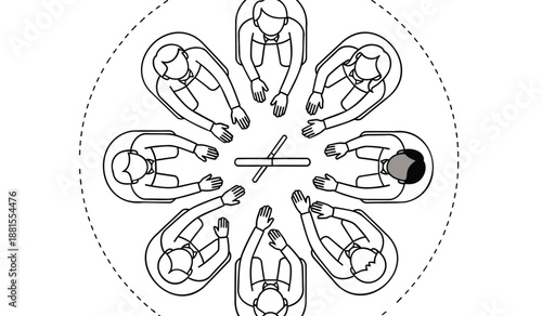 Eight people sitting in a circle with hands clasped unity and teamwork concept