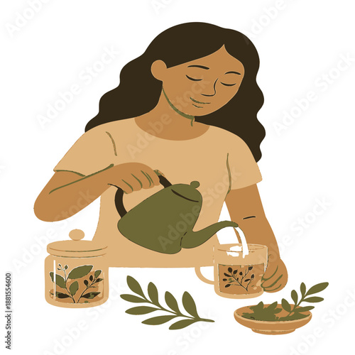  Woman Preparing Herbal Tea, Wellness Routine and Healthy Lifestyle Vector isolated white background
