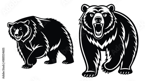 two black and white bears standing side by side in aggressive and calm poses silhouette