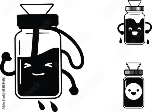 Cute cold brew coffee jar and dripper characters set with happy faces in black and white silhouette vector illustration.