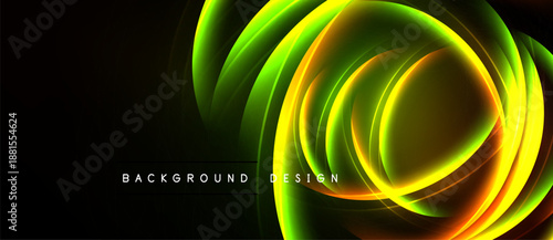 Abstract dynamic swirls, vibrant green, orange hues. Dark background creates striking visual contrast, modern design element.