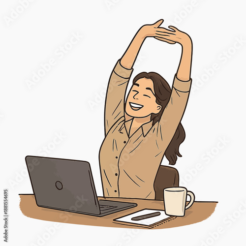  Woman Stretching Arms After Long Work, Relief, Relaxation and Wellness Concept isolated white background