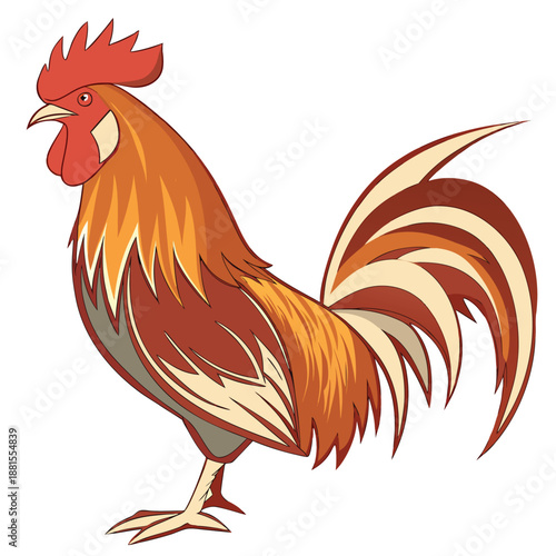 A vibrant rooster stands proudly displaying its colorful plumage and striking form a detailed silhouette