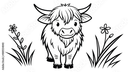 Charming highland cattle illustration with floral detail and grassy surroundings presented in a striking silhouette