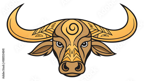 An artistic representation of a bison head with intricate tribal patterns and bold lines silhouette