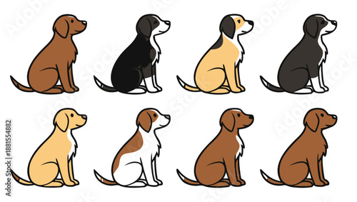 A collection of beagle dog illustrations in various colors and poses showcasing different coat patterns silhouette