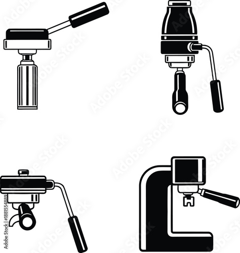 Espresso machine portafilter and manual lever press icons set in black and white silhouette vector illustration.