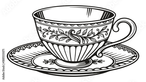a black and white drawing of a tea cup on a saucer silhouette high quality professional