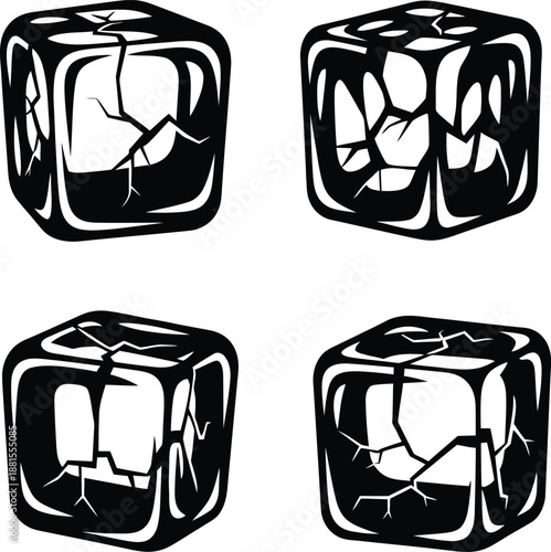 Cracked ice cubes collection with deep fissures and frozen texture in black and white silhouette vector illustration.