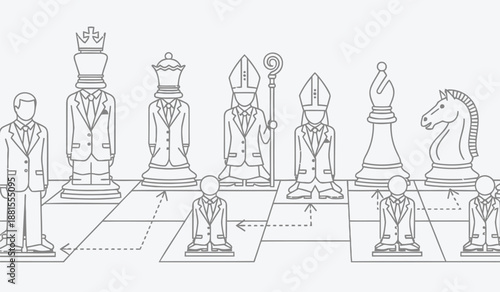 Chess pieces arranged on a board in a strategic game setup for competition and thinking