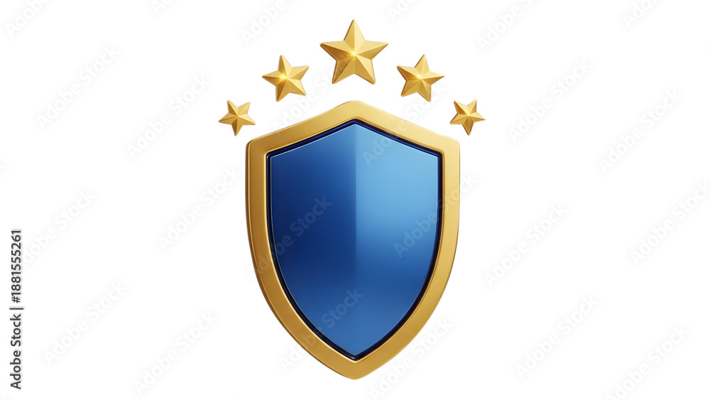 Obraz premium Golden shield emblem with five stars isolated on transparent background