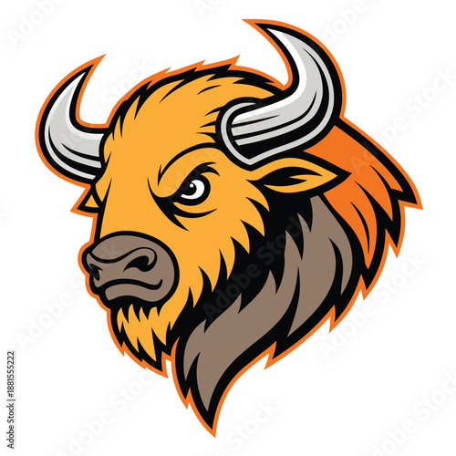 A striking bison head illustration with bold lines and shading creating a dynamic animal portrait silhouette