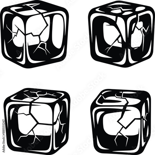 Cracked ice cubes set with broken lines and frozen texture in black and white silhouette vector illustration.
