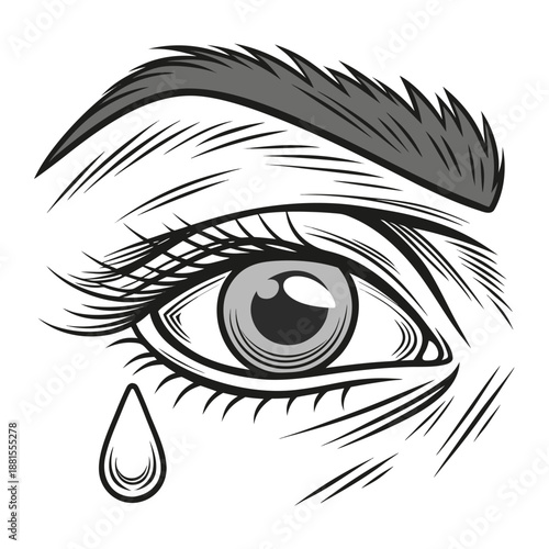 A dramatic close up illustration of a weeping eye showcasing intense emotion and detail silhouette