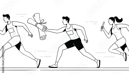 Three athletes running in a relay race with a baton handoff on a white background