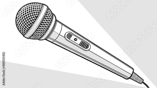 Detailed illustration of a vintage style microphone with metallic finish and cable presented as a silhouette