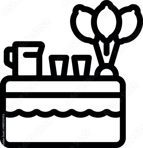 Colorful lemonade stand with pitcher, cups, and balloons, ready to serve refreshing drinks at a vibrant summer festival