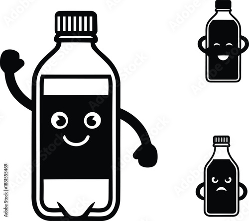 Cute plastic bottle character waving hand with happy and sad faces in black and white silhouette vector illustration.