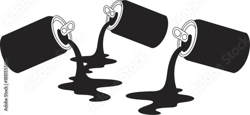 Spilled soda can silhouette illustration, leaking beverage cans with liquid splash, black vector icon isolated on white background