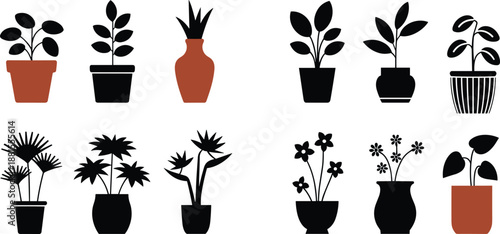 Potted plant icons set, indoor houseplants silhouettes in pots and vases, minimal botanical vector illustration collection isolated