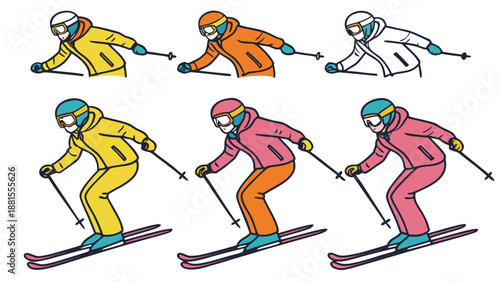 colorful illustrations of skiers in different poses silhouette high quality professional detailed modern elegant stylish clean