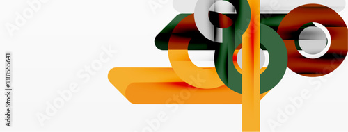 Abstract shapes overlap, creating dynamic composition. Colors include orange, green, brown, white. Minimalist design suggests modern aesthetic.