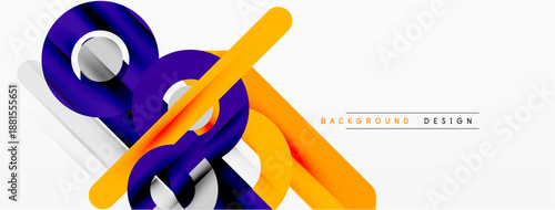 Abstract geometric shapes overlap, creating dynamic composition. Purple, orange hues dominate white background. Modern design elements present.